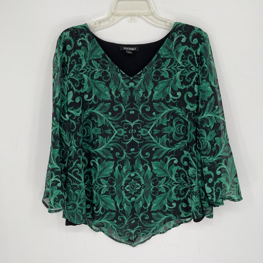 Roz & Ali Women's Green Damask Studded Chiffon Baroque V-Neck Top Blouse Size XL